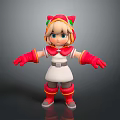 Cute Cartoon Girl Character With Cat Ear Hat Red White Dress Gloves Green Yellow Trim