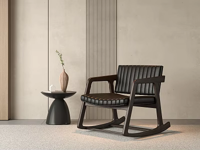 Comfortable Black Rocking Chair with Leather Seat Wooden Frame and Side Table by Light Wall 3d model