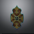 Decorative Shield Design With Wooden Texture Yellow Blue Border and Symmetrical Ornate Center