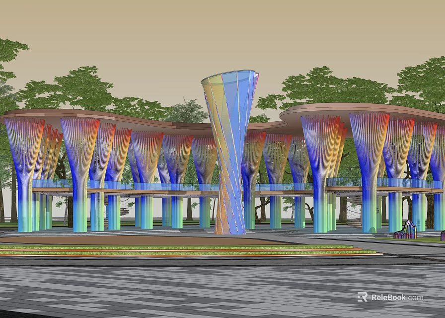 Modern Colorful Pergola Structure With Multicolored Columns And Surrounding Trees 3d model