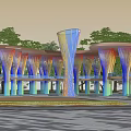 Modern Colorful Pergola Structure With Multicolored Columns And Surrounding Trees 3d model