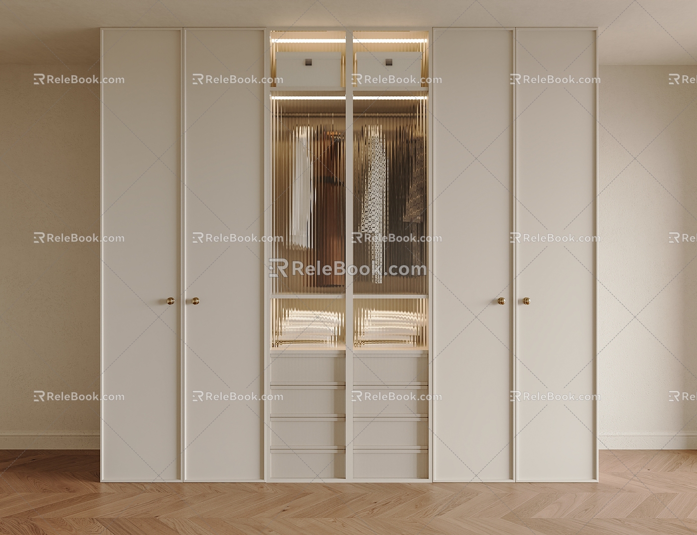 Cream Style Wardrobe Custom Wardrobe Storage Cabinet Door Glass Cabinet Door Clothes Cabinet Door Handle 3d model