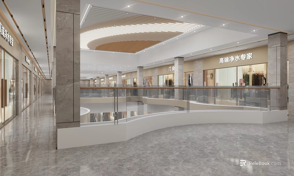 Modern Shopping Mall Lobby With Curved Ceiling Glass Railings And Marble Flooring 3d model 