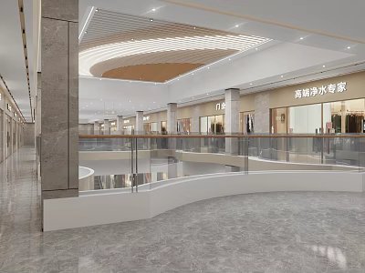 Modern Shopping Mall Lobby With Curved Ceiling Glass Railings And Marble Flooring 3d model