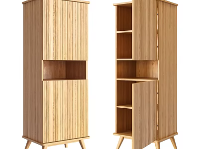 Wooden Storage Cabinet With Vertical Slats Open Shelves And Doors On Legs 3d model