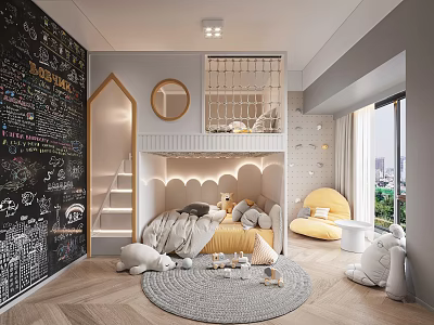 Modern Kids Bedroom Interior With Bunk Bed Chalkboard Wall And Toys 3d model