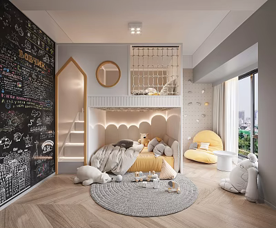Modern Kids Bedroom Interior With Bunk Bed Chalkboard Wall And Toys 3d model