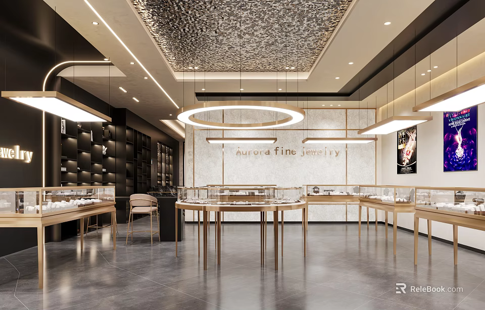 Elegant Modern Jewelry Store Interior With Glass Display Cases And Shimmering Lighting 3d model 