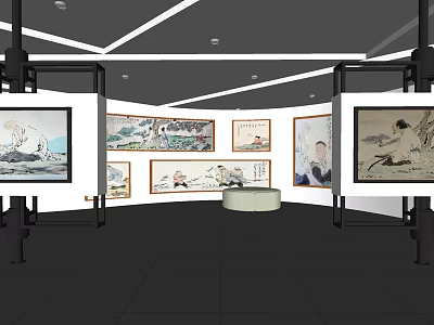Spacious Modern Art Gallery Space With Multiple Paintings On Walls And Black Display Stands 3d model