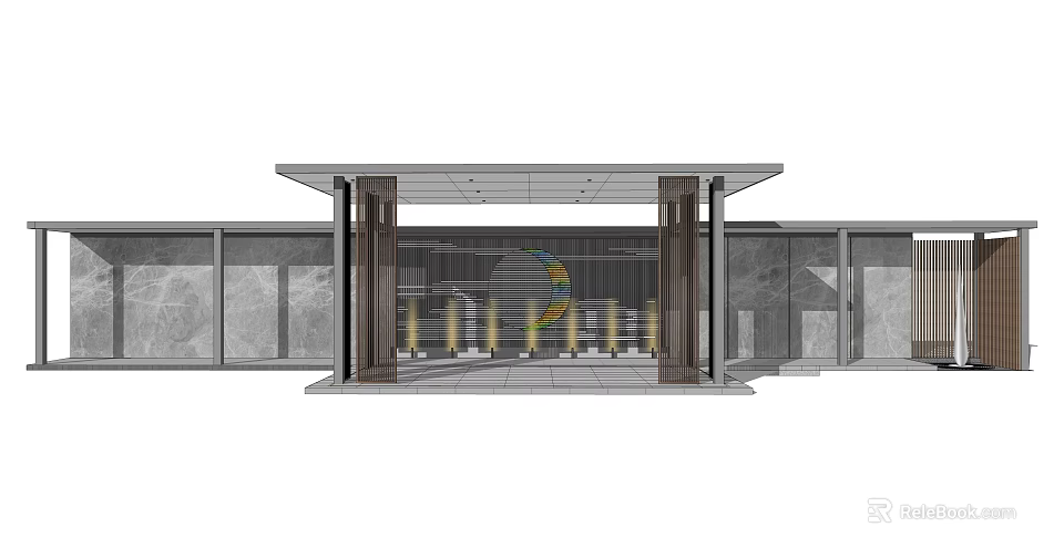 Modern Pergola Entrance Featuring Stone Walls Glass Curtain And Illuminated Columns 3d model 