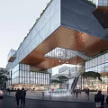 Modern High Rise Office Building With Glass Curtain Wall Green Roof And Spacious Plaza