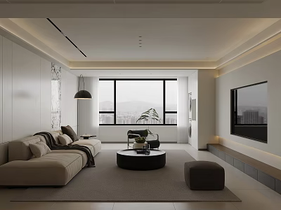 Modern Living Dining Room With Beige Sofa Black Coffee Table Large Window TV And Plants 3d model