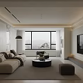 Modern Living Dining Room With Beige Sofa Black Coffee Table Large Window TV And Plants