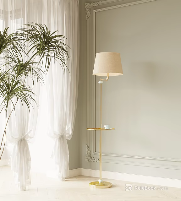 Elegant Floor Lamp With Beige Lampshade Golden Stand Small Tray Near White Curtains Green Plant 3d model 