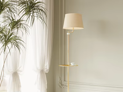 Elegant Floor Lamp With Beige Lampshade Golden Stand Small Tray Near White Curtains Green Plant 3d model