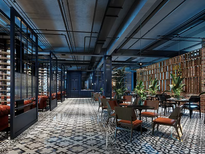 Modern Industrial Restaurant With Geometric Tile Floor Wooden Wall Decor Green Plants And Orange Chairs 3d model