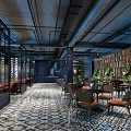 Modern Industrial Restaurant With Geometric Tile Floor Wooden Wall Decor Green Plants And Orange Chairs
