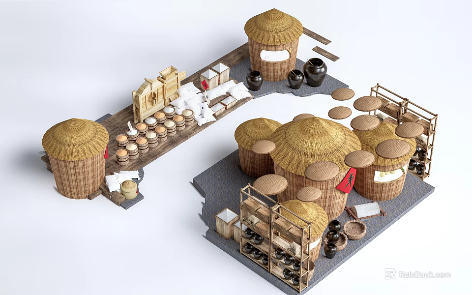 Garden Decor With Thatched Roof Circular Structures Tables Chairs And Clay Pots 3d model 