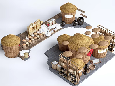 Garden Decor With Thatched Roof Circular Structures Tables Chairs And Clay Pots 3d model