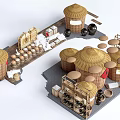 Garden Decor With Thatched Roof Circular Structures Tables Chairs And Clay Pots