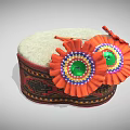 Traditional Handwoven Hat With Orange Flower Decorations Green Sequin Centers And Red Black Geometric Patterns