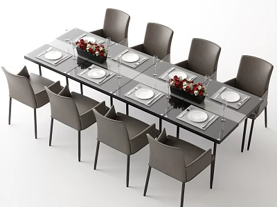 Modern Dining Table Set With Glass Top Eight Grey Chairs Floral Centerpieces And White Plates 3d model
