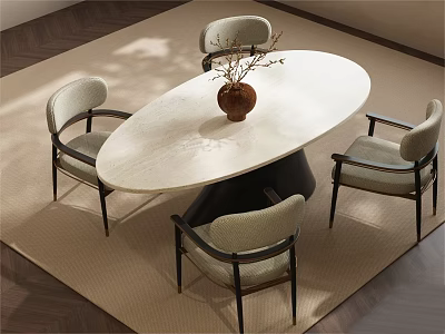 Modern Oval Dining Table Set With White Tabletop Black Legs And Four Armchairs 3d model