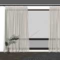 Beige Linen Curtains Hanging On Rod By Window With Trees View And Indoor Plant