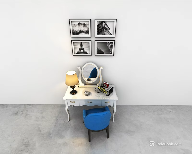 Stylish Writing Desk with Table Lamp Mirror and Blue Chair Under Black White 3d model 