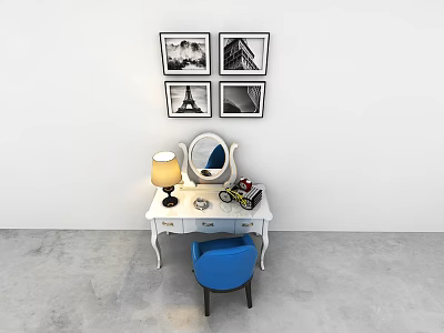 Stylish Writing Desk with Table Lamp Mirror and Blue Chair Under Black White 3d model