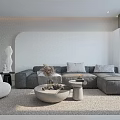 Modern Living And Dining Room Interior With Gray Sofa Round Coffee Table And Dining Set