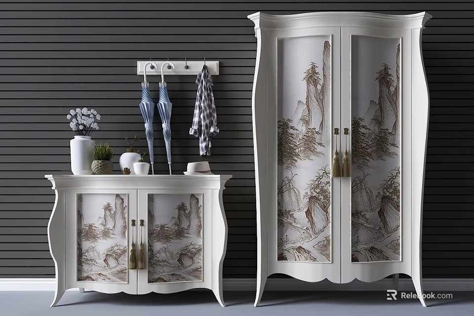 Elegant White Wardrobe With Landscape Glass Doors And Golden Handles For Home Interior 3d model 