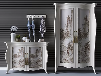 Elegant White Wardrobe With Landscape Glass Doors And Golden Handles For Home Interior 3d model