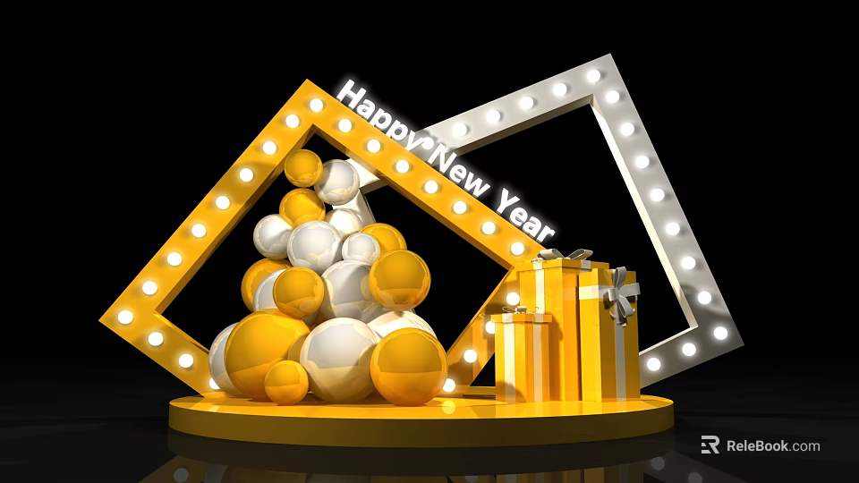 Happy New Year Decoration With Yellow White Balls Gift Boxes And Light Frames 3d model