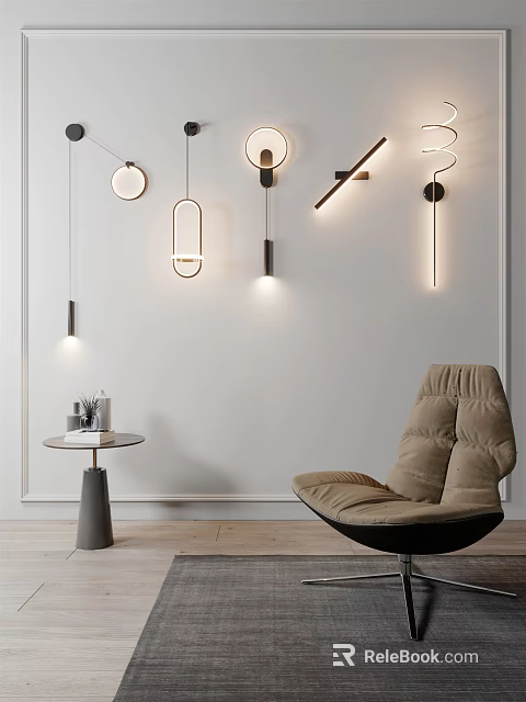 Modern Wall Lamps With Different Designs In Elegant Minimalist Interior With Armchair And Side Table 3d model 