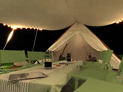 Garden Landscape with Night Tent Starry Sky Lighting and Green Outdoor Furniture 3d model