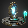 Mystical Glowing Orb with Circular Rune Engraved Ring and Tiered Stone Pedestal Emanating Blue Light