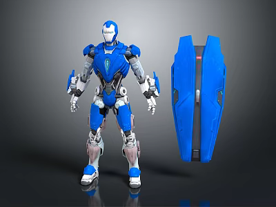 Futuristic Game Movie Character In Blue Mechanical Armor With Shield Accessory 3d model