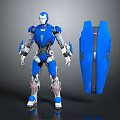 Futuristic Game Movie Character In Blue Mechanical Armor With Shield Accessory