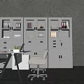 Modern Office Workspace With Desk White Storage Cabinets Chairs And Potted Plant