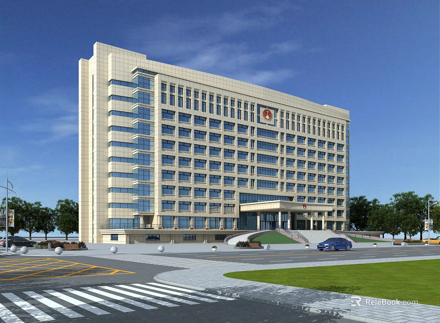 Modern Office Building Exterior With Light-colored Facade Glass Windows Green Landscaping And Plaza 3d model 