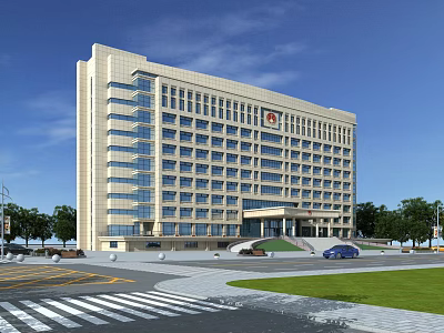 Modern Office Building Exterior With Light-colored Facade Glass Windows Green Landscaping And Plaza 3d model