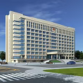 Modern Office Building Exterior With Light-colored Facade Glass Windows Green Landscaping And Plaza