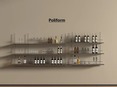 Poliform Modern Wall Mounted Metal Wine Rack With Bottles and Glasses 3d model