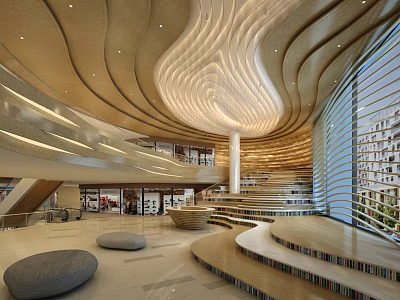 Modern Shopping Mall Store Interior With Wavy Wooden Ceiling Staircase And Circular Seats 3d model