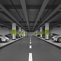 Modern Spacious Parking Garage With White Pillars Green Base Parked Cars And White Lane Lines