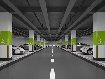 Modern Spacious Parking Garage With White Pillars Green Base Parked Cars And White Lane Lines 3d model