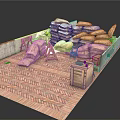 Outdoor Tactical Setup With Stacked Sandbags Herringbone Brick Floor Green Plants And Wooden Crates
