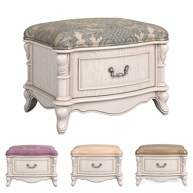 Elegant Vintage Storage Ottoman Bench With Carved Legs Purple Beige Brown Padded Seats And Drawer 3d model 