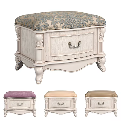 Elegant Vintage Storage Ottoman Bench With Carved Legs Purple Beige Brown Padded Seats And Drawer 3d model